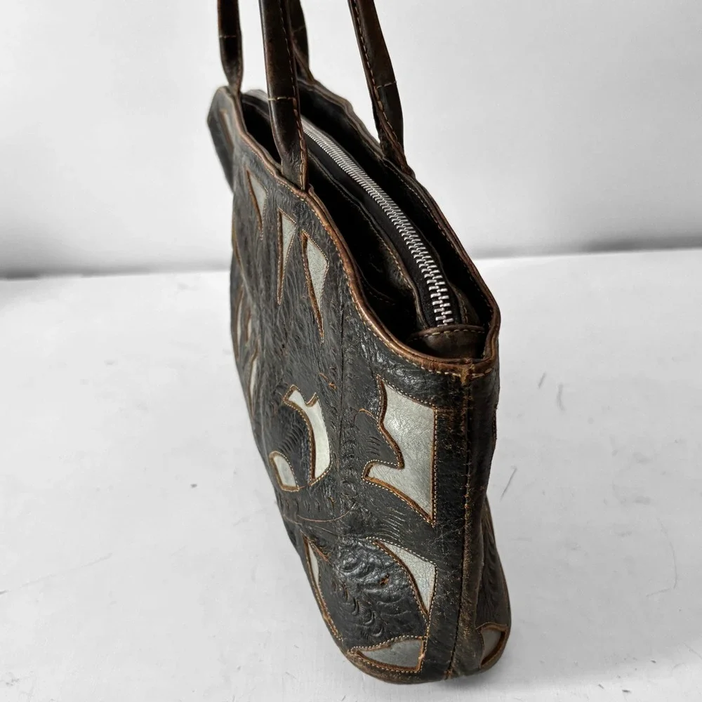 Leaders in Leather Western Tooled Shoulder Bag Dark Brown Floral Tote Handbag